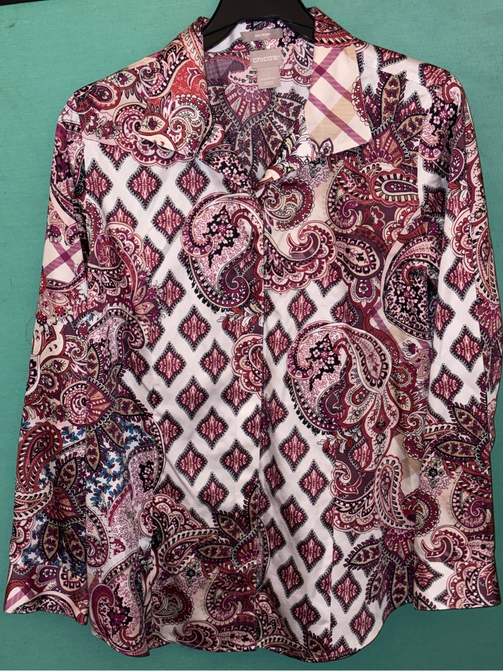 Chico's No-Iron Mix-Print Button-Up Shirt Paisley Plaid Sateen – Size 1